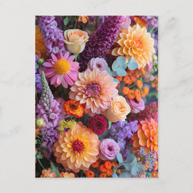 Autumn Bouquet with Dahlias, Freesias, and Gerbera Postcard (Front)