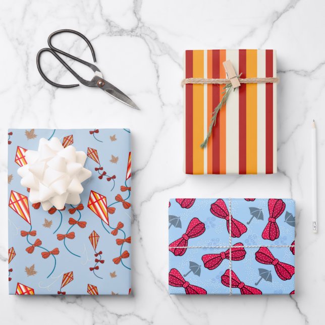 Autumn Bows and Kites Wrapping in Warm Fall Colour Wrapping Paper Sheet (Front)