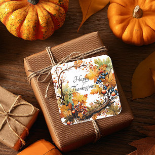 Autumn branch with leaves and berries custom square sticker