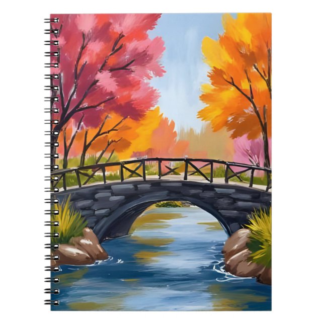 Autumn Bridge Fall Foliage Watercolor Nature Notebook (Front)