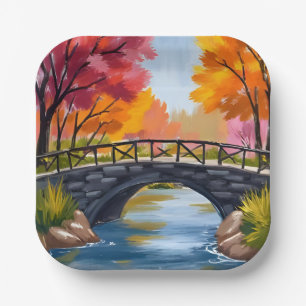 Autumn Bridge Fall Foliage Watercolor Nature Paper Plate