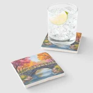 Autumn Bridge Fall Foliage Watercolor Nature Stone Coaster