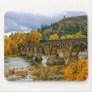 Autumn bridge, fall, river, leaves mouse mat