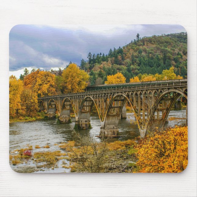 Autumn bridge, fall, river, leaves mouse mat (Front)
