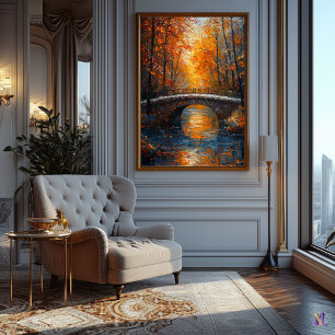Autumn Bridge Over Serene River in Impressionist Poster