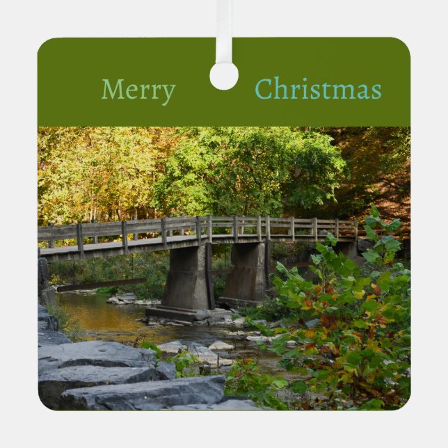 Autumn Bridge Waterscape Metal Ornament  (Front)