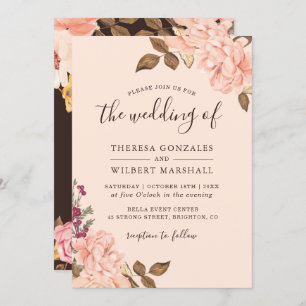 Autumn Brown Blush Gold Watercolor Floral Wedding Invitation
