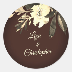 Autumn Brown Watercolor Dried Fall Flowers Wedding Classic Round Sticker
