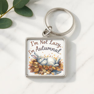 Autumn Bunny in Leaves with Funny Lazy Quote Key Ring