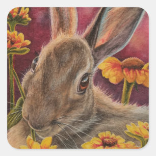 Autumn Bunny Rabbit Yellow Flowers Watercolor Art Square Sticker