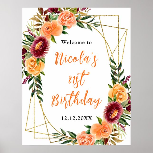 Autumn Burgundy and Orange Birthday Welcome Poster (Front)