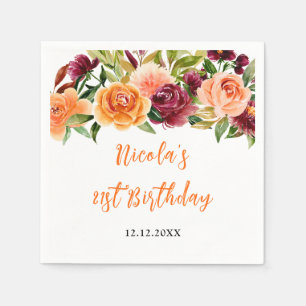 Autumn Burgundy and Orange Floral Birthday Napkin
