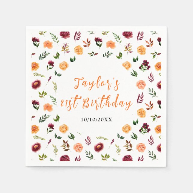 Autumn Burgundy and Orange Floral Birthday Napkin (Front)