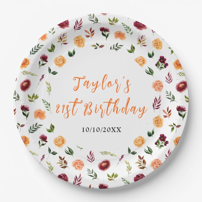 Autumn Burgundy and Orange Floral Birthday Paper Plate (Front)