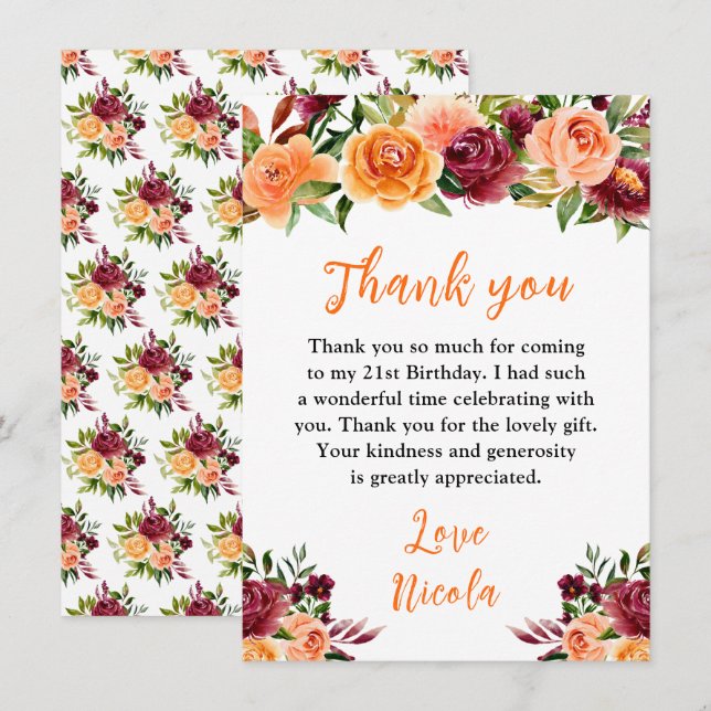 Autumn Burgundy and Orange Floral Birthday Thank You Card (Front/Back)