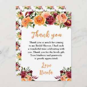 Autumn Burgundy and Orange Floral Bridal Shower Thank You Card