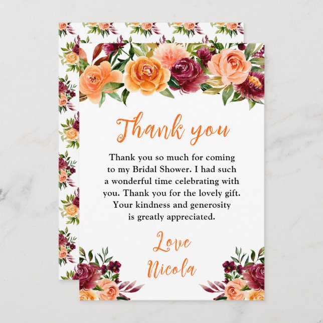 Autumn Burgundy and Orange Floral Bridal Shower Thank You Card (Front/Back)