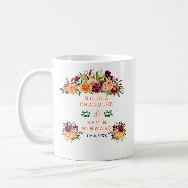 Autumn Burgundy and Orange Floral Wedding Coffee Mug (Left)