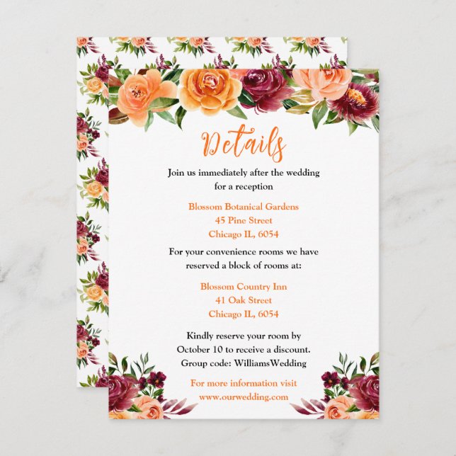 Autumn Burgundy and Orange Floral Wedding Details Enclosure Card (Front/Back)