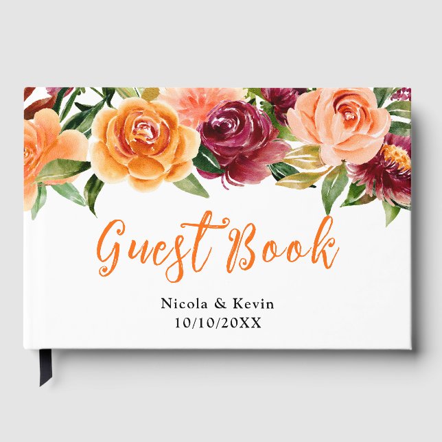 Autumn Burgundy and Orange Floral Wedding Guest Book (Front)