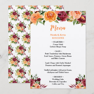 Autumn Burgundy and Orange Floral Wedding Menu