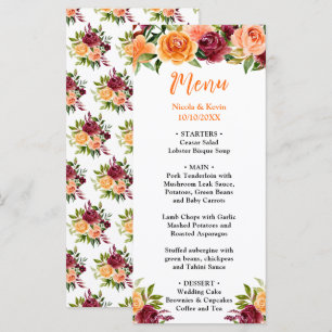 Autumn Burgundy and Orange Floral Wedding Menu