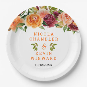 Autumn Burgundy and Orange Floral Wedding Paper Plate
