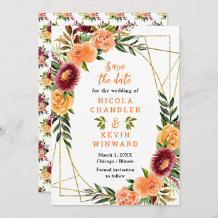 Autumn Burgundy and Orange Flowers Save The Date