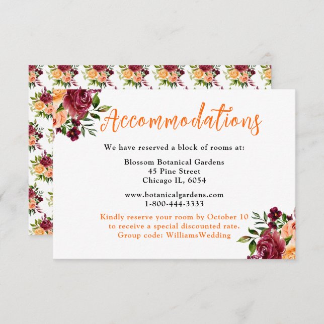 Autumn Burgundy and Orange Wedding Accommodations Enclosure Card (Front/Back)
