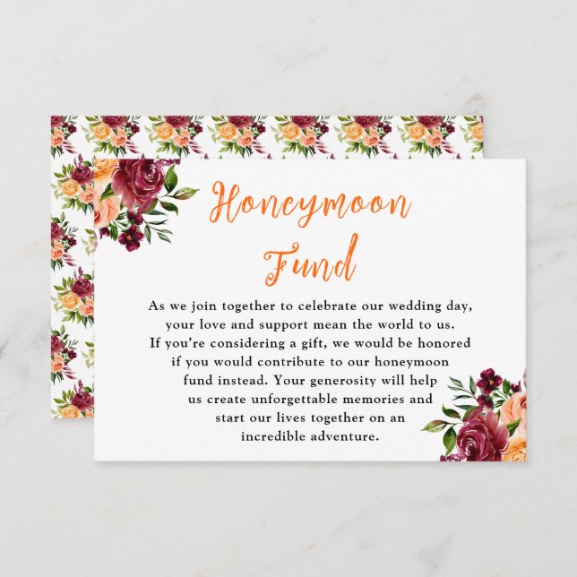 Autumn Burgundy and Orange Wedding Honeymoon Fund Enclosure Card (Front/Back)