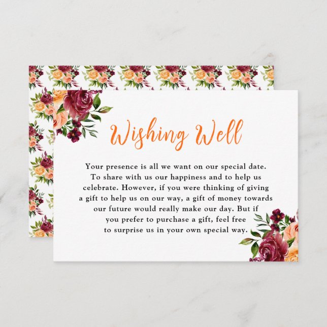 Autumn Burgundy and Orange Wedding Wishing Well Enclosure Card (Front/Back)