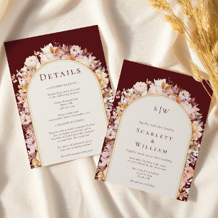 Autumn Burgundy Arch Monogram All In One Wedding Invitation