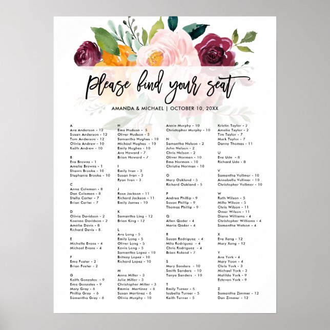 Autumn Burgundy Blush Alphabetical Seating Chart (Front)