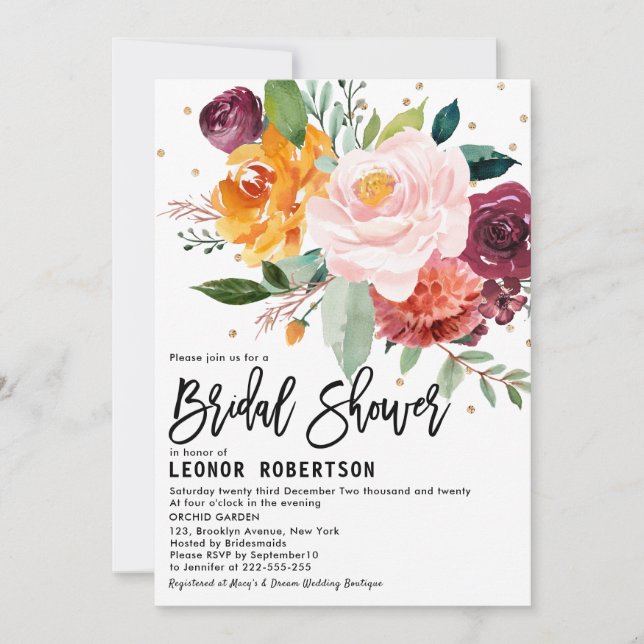 Autumn Burgundy Blush Floral Blossom Bridal Shower Invitation (Front)
