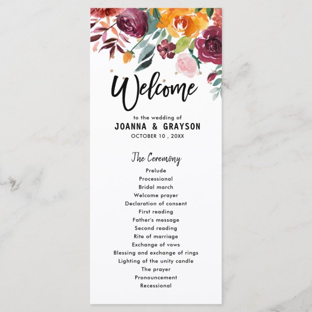 Autumn Burgundy Blush Floral Blossom Bridal Shower Menu (Front)