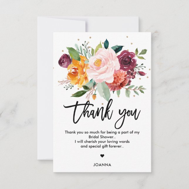 Autumn Burgundy Blush Floral Blossom Bridal Shower Thank You Card (Front)