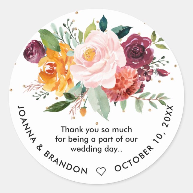 Autumn Burgundy Blush Floral Blossom Wedding Classic Round Sticker (Front)