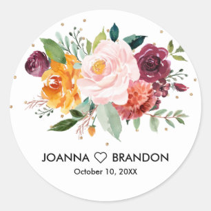 Autumn Burgundy Blush Floral Blossom Wedding Classic Round Sticker