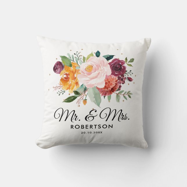 Autumn Burgundy Blush Floral Blossom Wedding Cushion (Front)