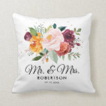 Autumn Burgundy Blush Floral Blossom Wedding Cushion<br><div class="desc">Watercolor autumn / fall floral wedding gift pillow features a stunning bouquet of blush, orange peach, and marsala burgundy rose flowers with lush green botanical leaves and eucalyptus leaves and faux gold glitter. This colorful invitation will be perfect for fall or autumn weddings, spring weddings, and boho-themed weddings. Please find...</div>