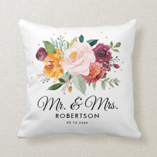 Autumn Burgundy Blush Floral Blossom Wedding Cushion