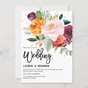 Autumn Burgundy Blush Floral Blossom Wedding Invitation