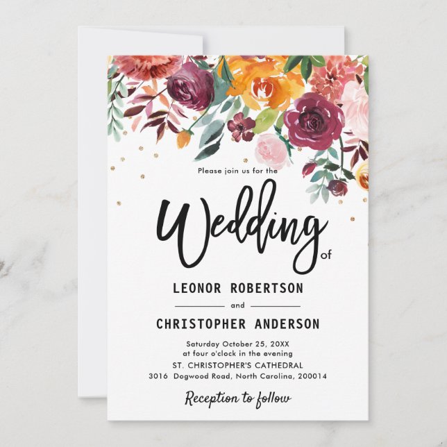 Autumn Burgundy Blush Floral Blossom Wedding Invitation (Front)