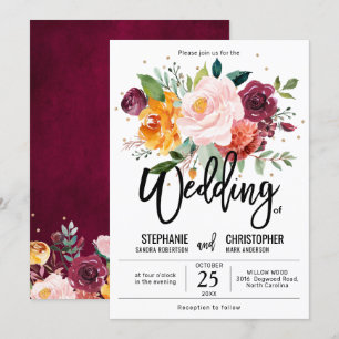 Autumn Burgundy Blush Floral Blossom Wedding Invitation