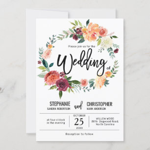 Autumn Burgundy Blush Floral Blossom Wedding Invitation