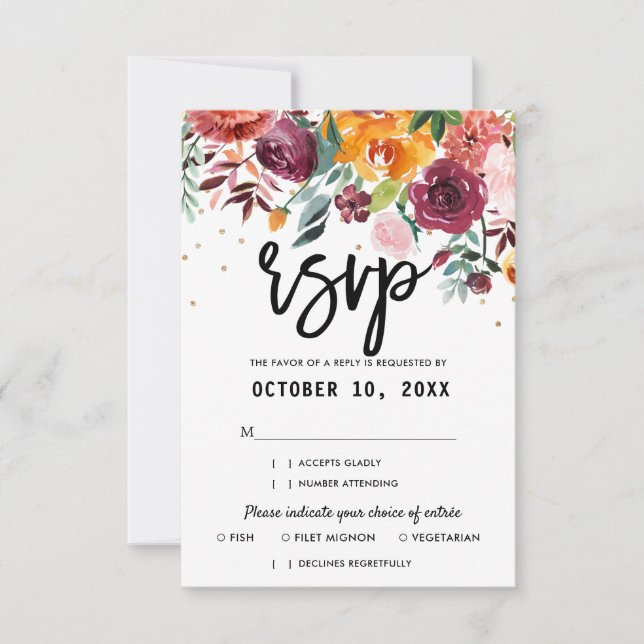 Autumn Burgundy Blush Floral Blossom Wedding RSVP Card (Front)