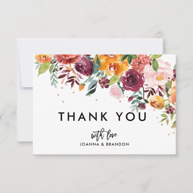 Autumn Burgundy Blush Floral Blossom Wedding Thank You Card (Front)