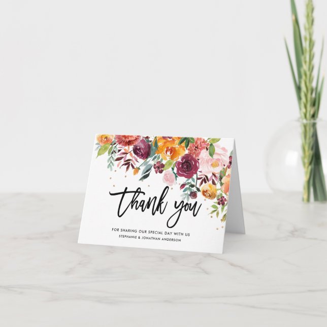 Autumn Burgundy Blush Floral Blossom Wedding Thank You Card (Front)