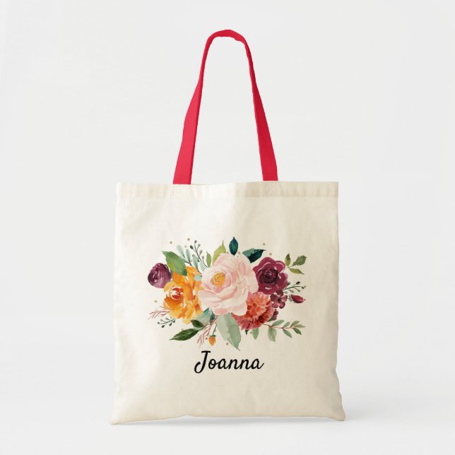 Autumn Burgundy Blush Floral Blossom Wedding Tote Bag (Front)