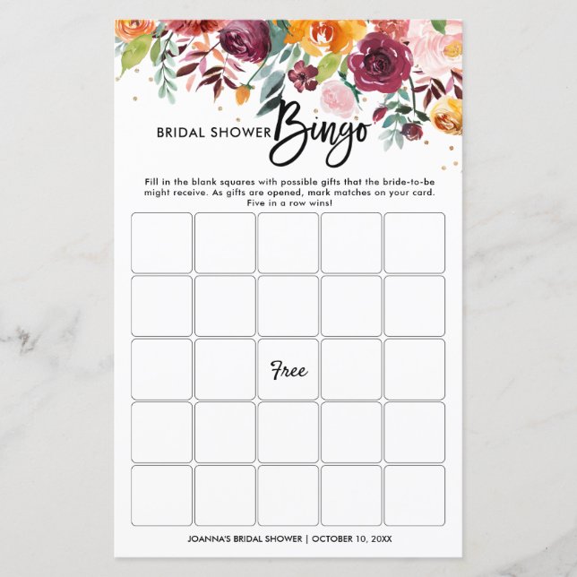 Autumn Burgundy Blush Floral Bridal Shower Bingo (Front)